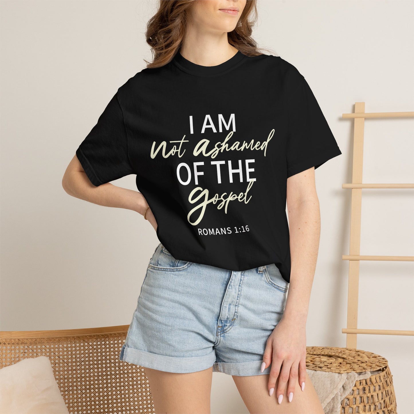 Romans 1:16 T-Shirt — Beige 100% Cotton