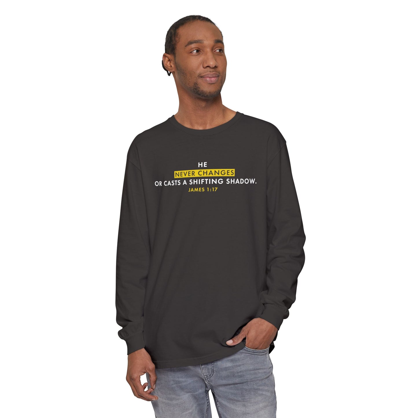 He Never Changes Cotton T-shirt — Faith-Based Christian Long Sleeve Tee