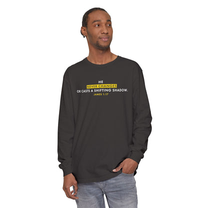 He Never Changes Cotton T-shirt — Faith-Based Christian Long Sleeve Tee