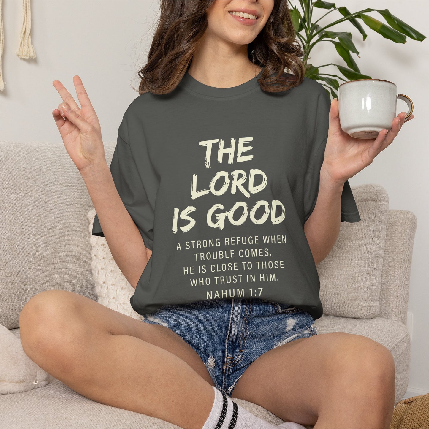 The Lord is Good "Nahum 1:7" Beige 100% cotton T-shirt