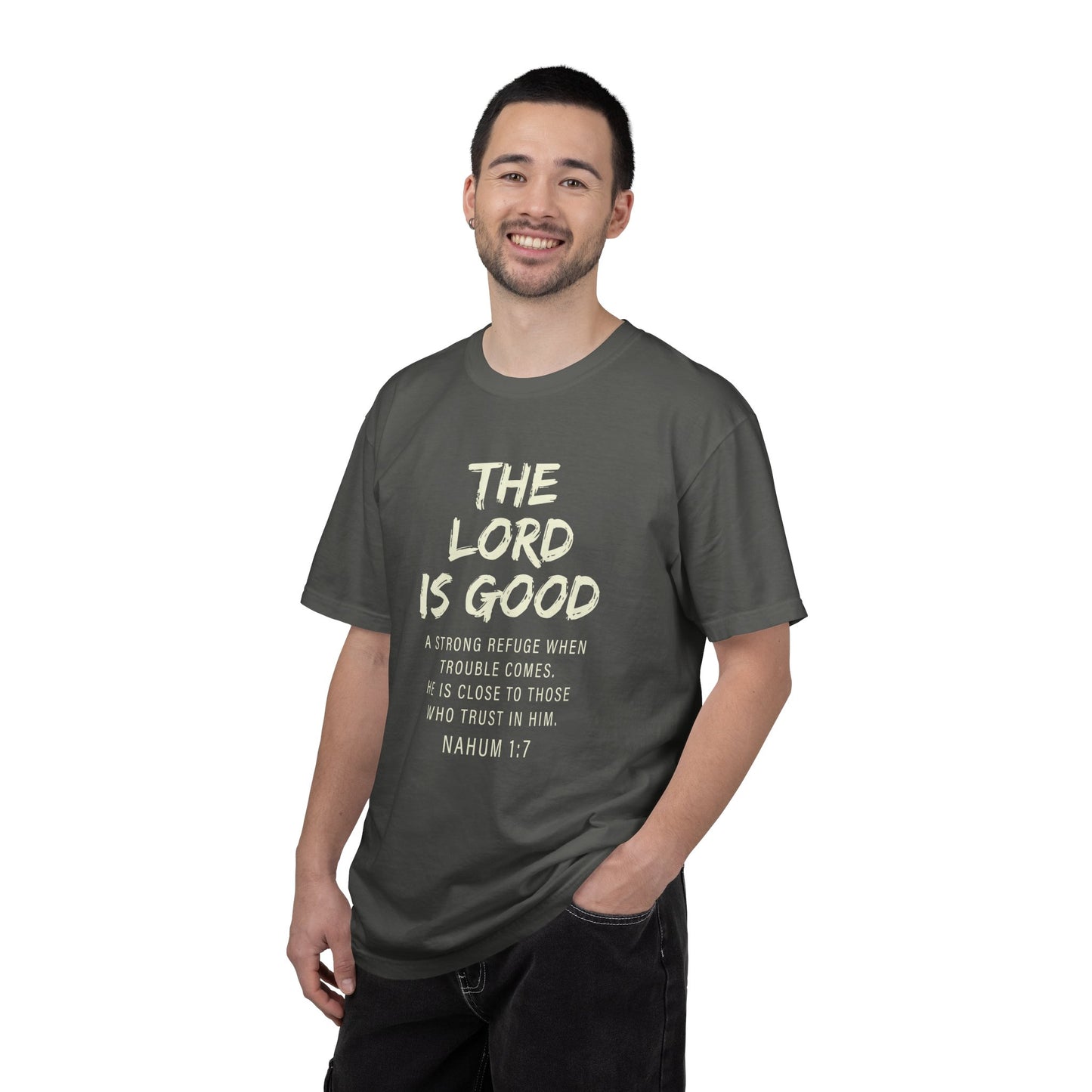 The Lord is Good "Nahum 1:7" Beige 100% cotton T-shirt