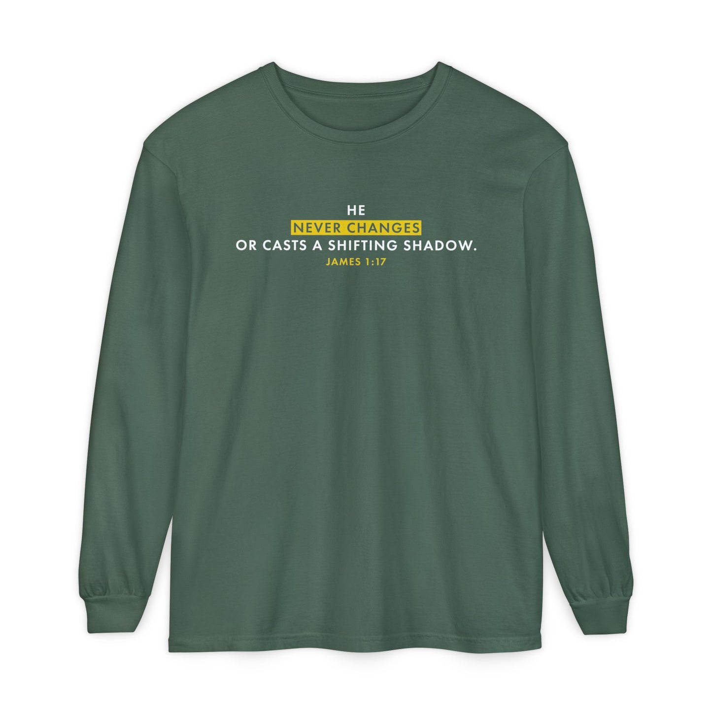 He Never Changes Cotton T-shirt — Faith-Based Christian Long Sleeve Tee