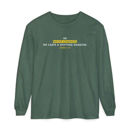 He Never Changes Cotton T-shirt — Faith-Based Christian Long Sleeve Tee