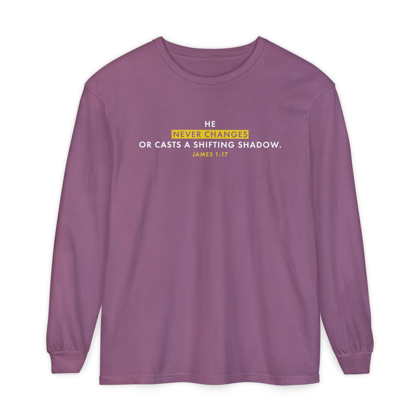 He Never Changes Cotton T-shirt — Faith-Based Christian Long Sleeve Tee