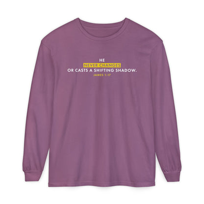 He Never Changes Cotton T-shirt — Faith-Based Christian Long Sleeve Tee