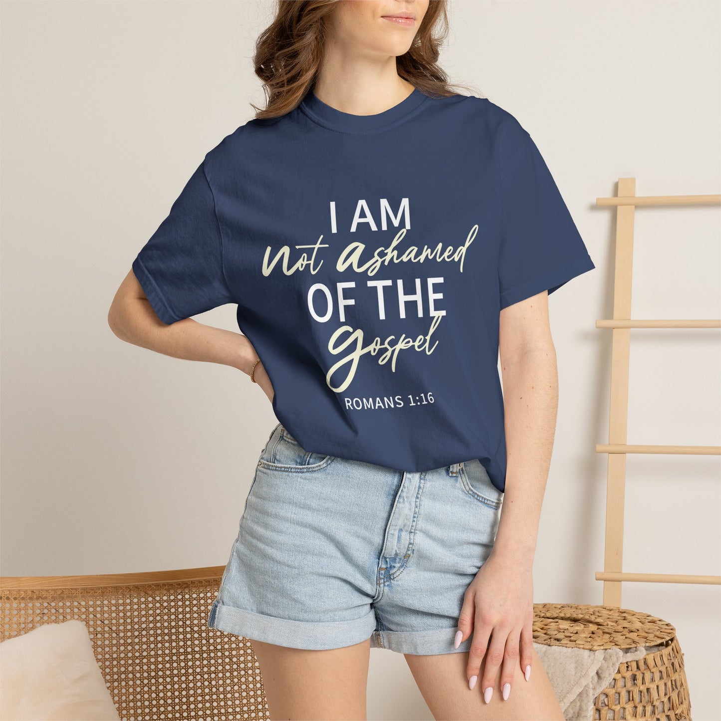 Romans 1:16 T-Shirt — Beige 100% Cotton