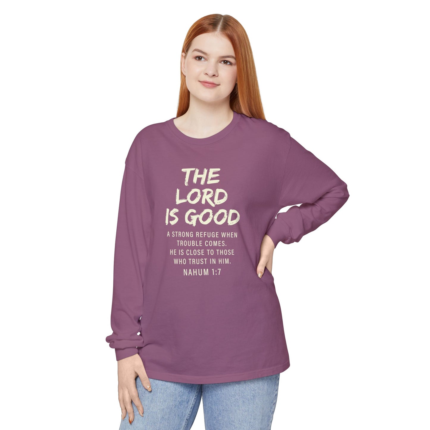 The Lord Is Good "NAHUM 1:7" BEIGE 100% cotton long sleeve