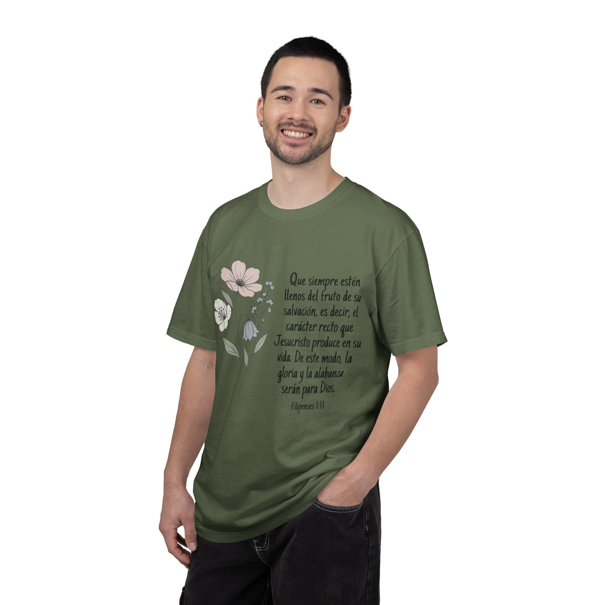 Christian Floral Verse T-Shirt — Spanish Filipenses 1:11 Scripture Tee
