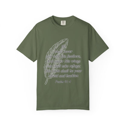 Psalm 91 Feather T-Shirt — 'He Shall Cover You' Christian Faith Tee