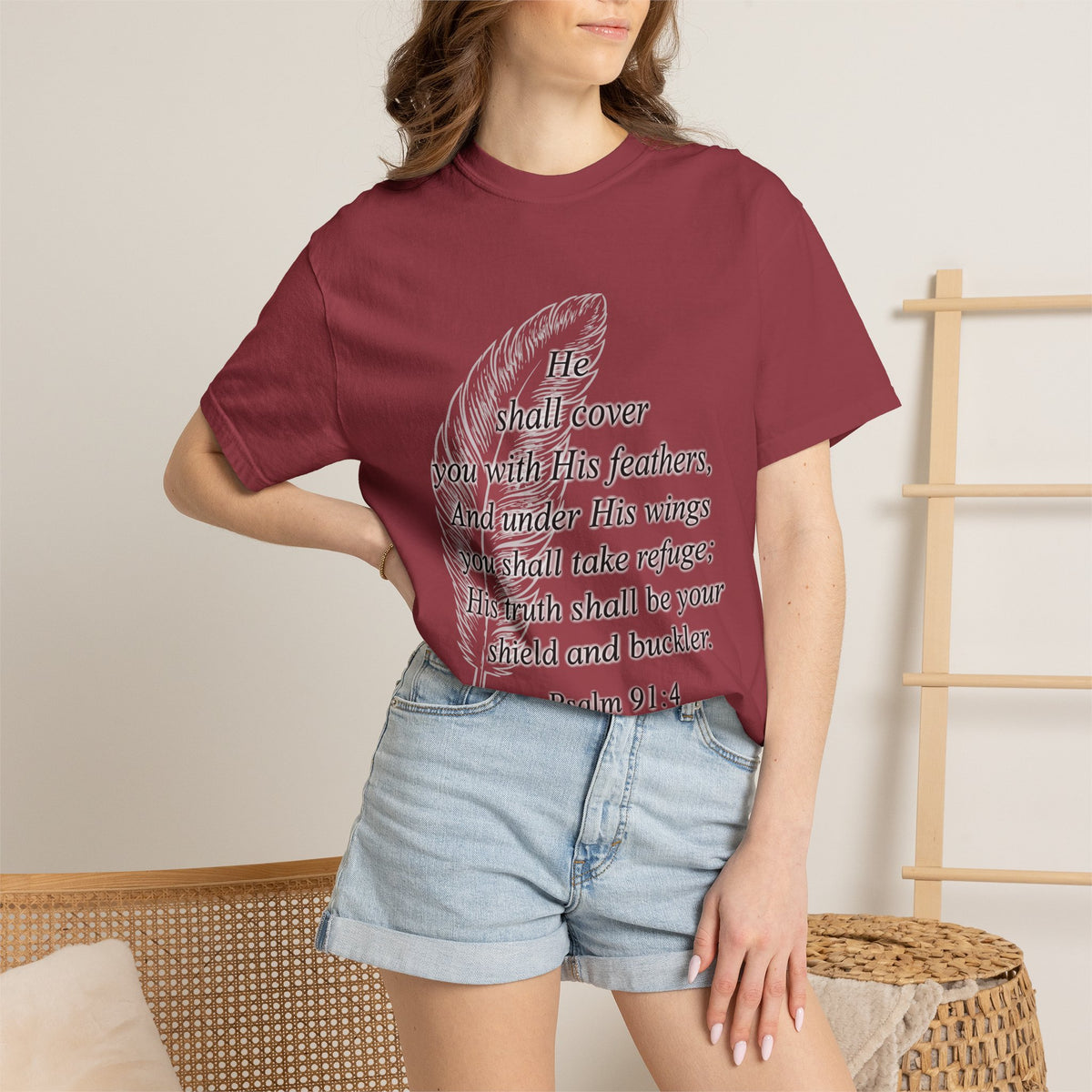 Psalm 91 Feather T-Shirt — 'He Shall Cover You' Christian Faith Tee