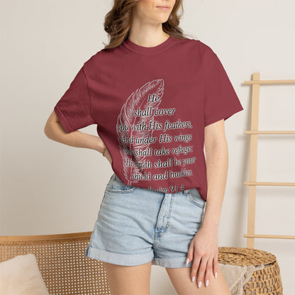 Psalm 91 Feather T-Shirt — 'He Shall Cover You' Christian Faith Tee