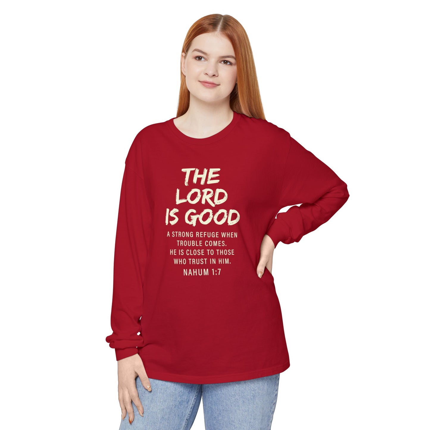 The Lord Is Good "NAHUM 1:7" BEIGE 100% cotton long sleeve