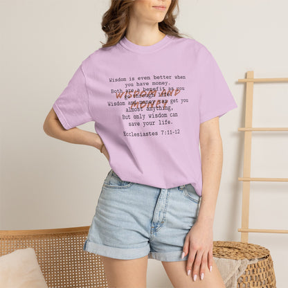 Wisdom and Money Ecclesiastes 7:11-12 100% Cotton T-Shirt — Spanish Wise Woman Bible Verse