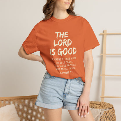 The Lord is Good "Nahum 1:7" Beige 100% cotton T-shirt