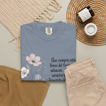 Christian Floral Verse T-Shirt — Spanish Filipenses 1:11 Scripture Tee