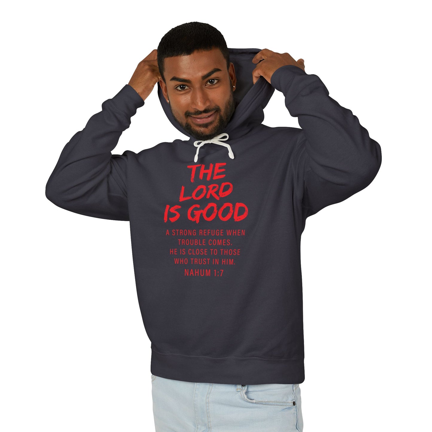 The Lord is Good "Nahum 1:7" RED 100% cotton Hoodie