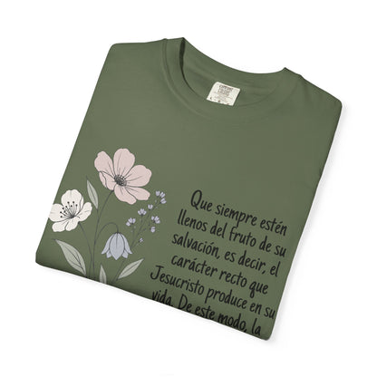 Christian Floral Verse T-Shirt — Spanish Filipenses 1:11 Scripture Tee