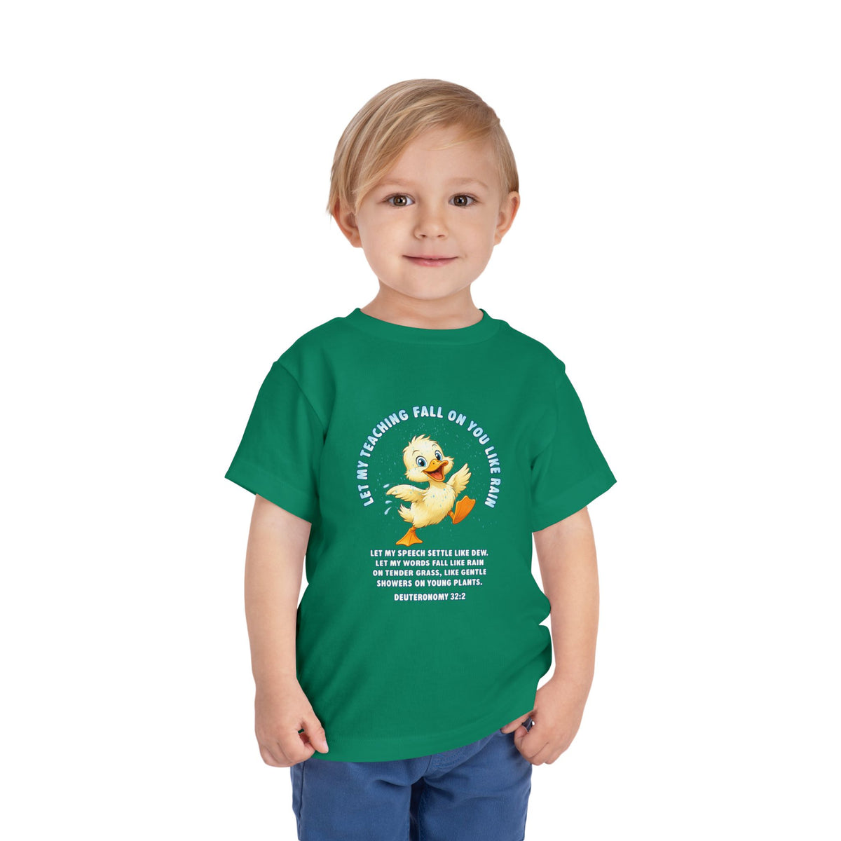 Toddler Tee — Cute Duck Graphic with "Let my teaching fall like rain"