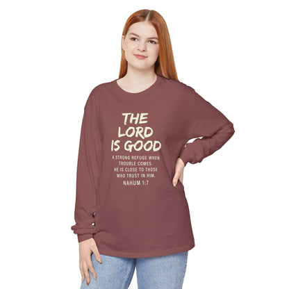 The Lord Is Good "NAHUM 1:7" BEIGE 100% cotton long sleeve