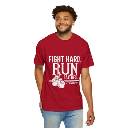 Fight Hard Run Faithful T-Shirt — Christian Boxing Inspirational Tee (2 Timothy 4:7)