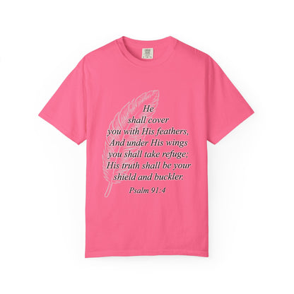 Psalm 91 Feather T-Shirt — 'He Shall Cover You' Christian Faith Tee