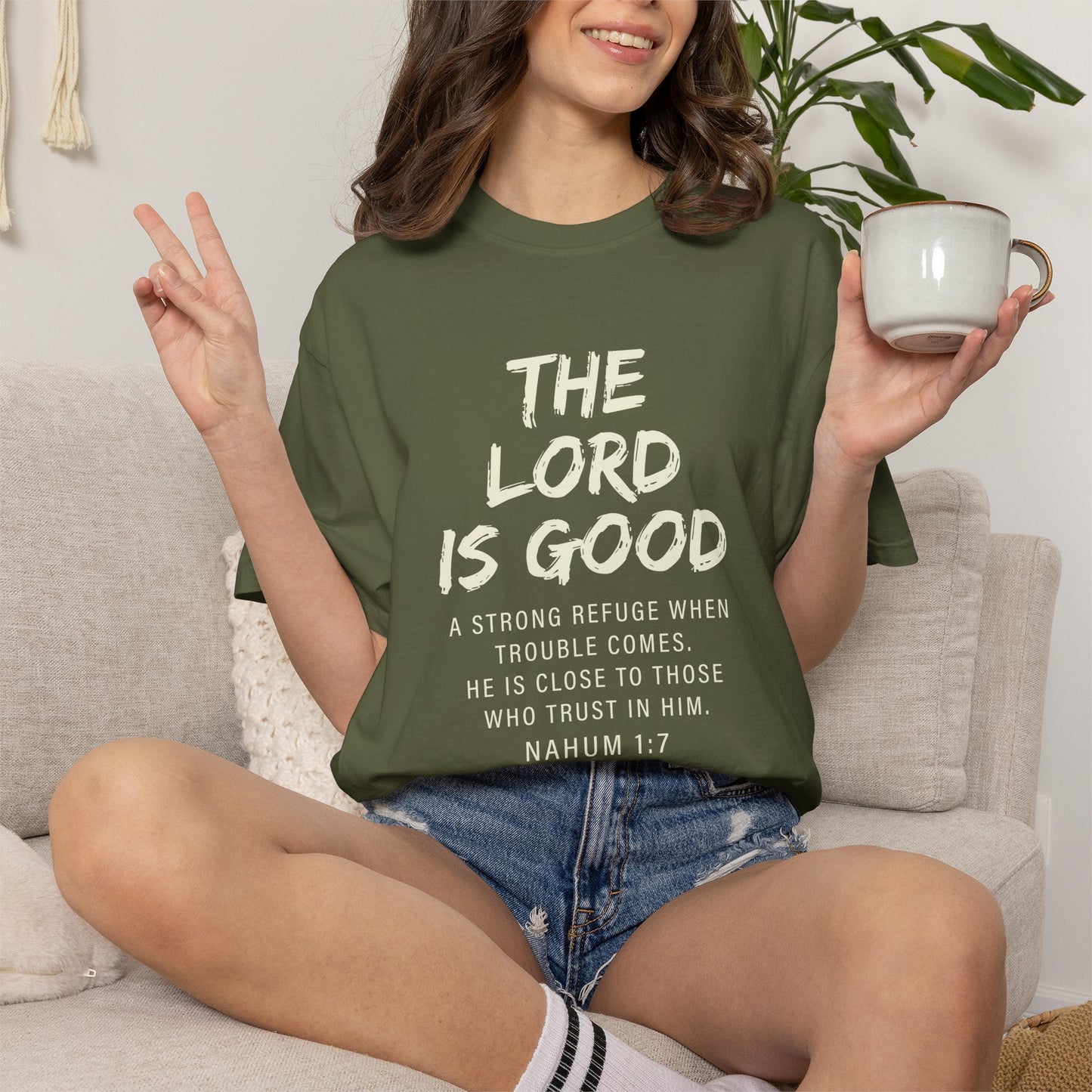 The Lord is Good "Nahum 1:7" Beige 100% cotton T-shirt