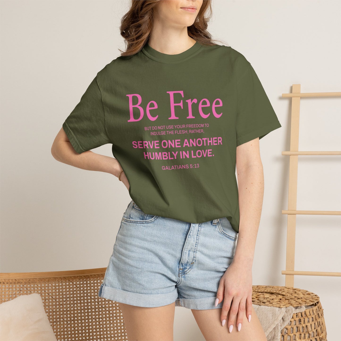 Be Free Galatians 5:13 Pink T-Shirt — Faith-Inspired Christian Tee