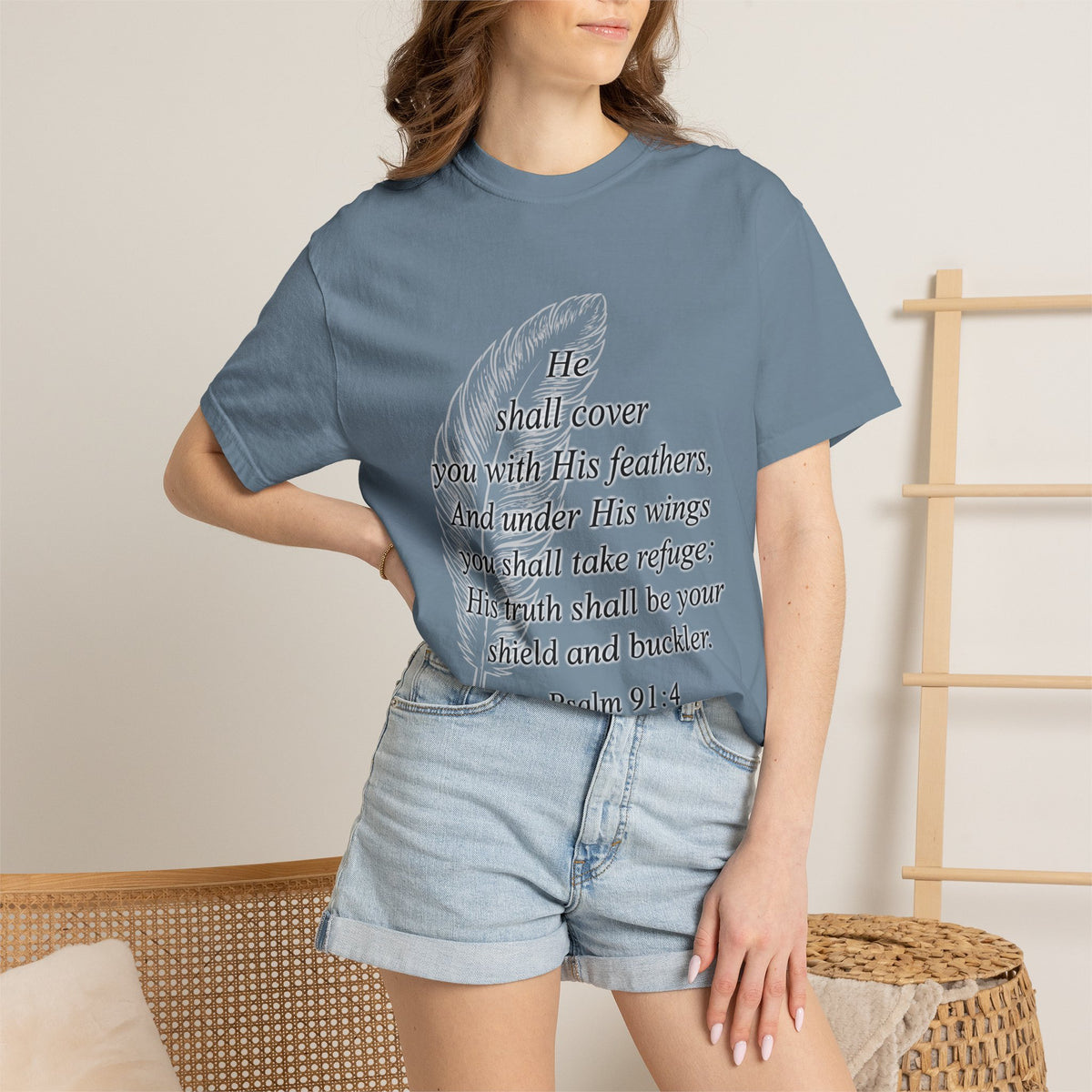 Psalm 91 Feather T-Shirt — 'He Shall Cover You' Christian Faith Tee