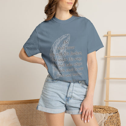 Psalm 91 Feather T-Shirt — 'He Shall Cover You' Christian Faith Tee