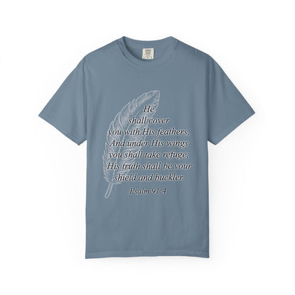 Psalm 91 Feather T-Shirt — 'He Shall Cover You' Christian Faith Tee