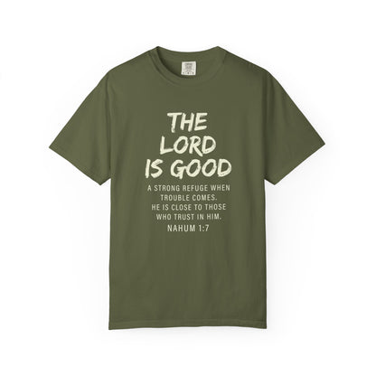 The Lord is Good "Nahum 1:7" Beige 100% cotton T-shirt