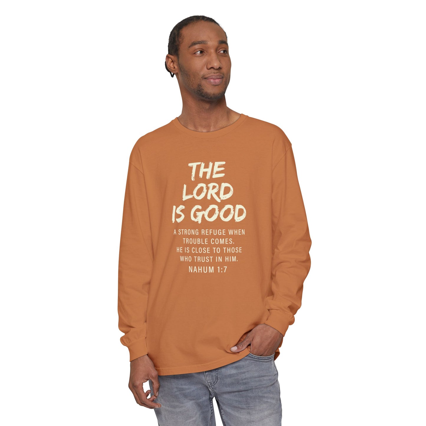 The Lord Is Good "NAHUM 1:7" BEIGE 100% cotton long sleeve