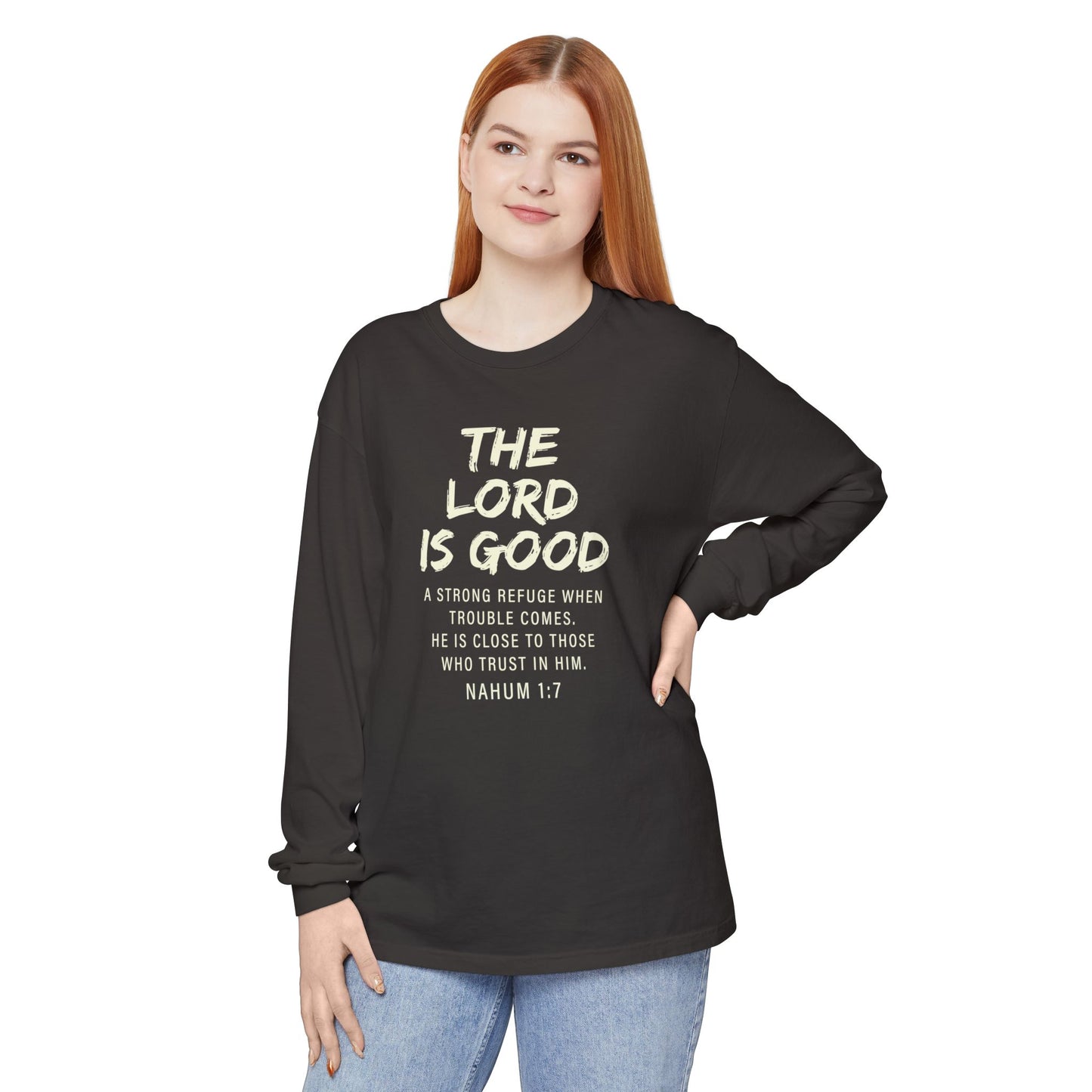 The Lord Is Good "NAHUM 1:7" BEIGE 100% cotton long sleeve