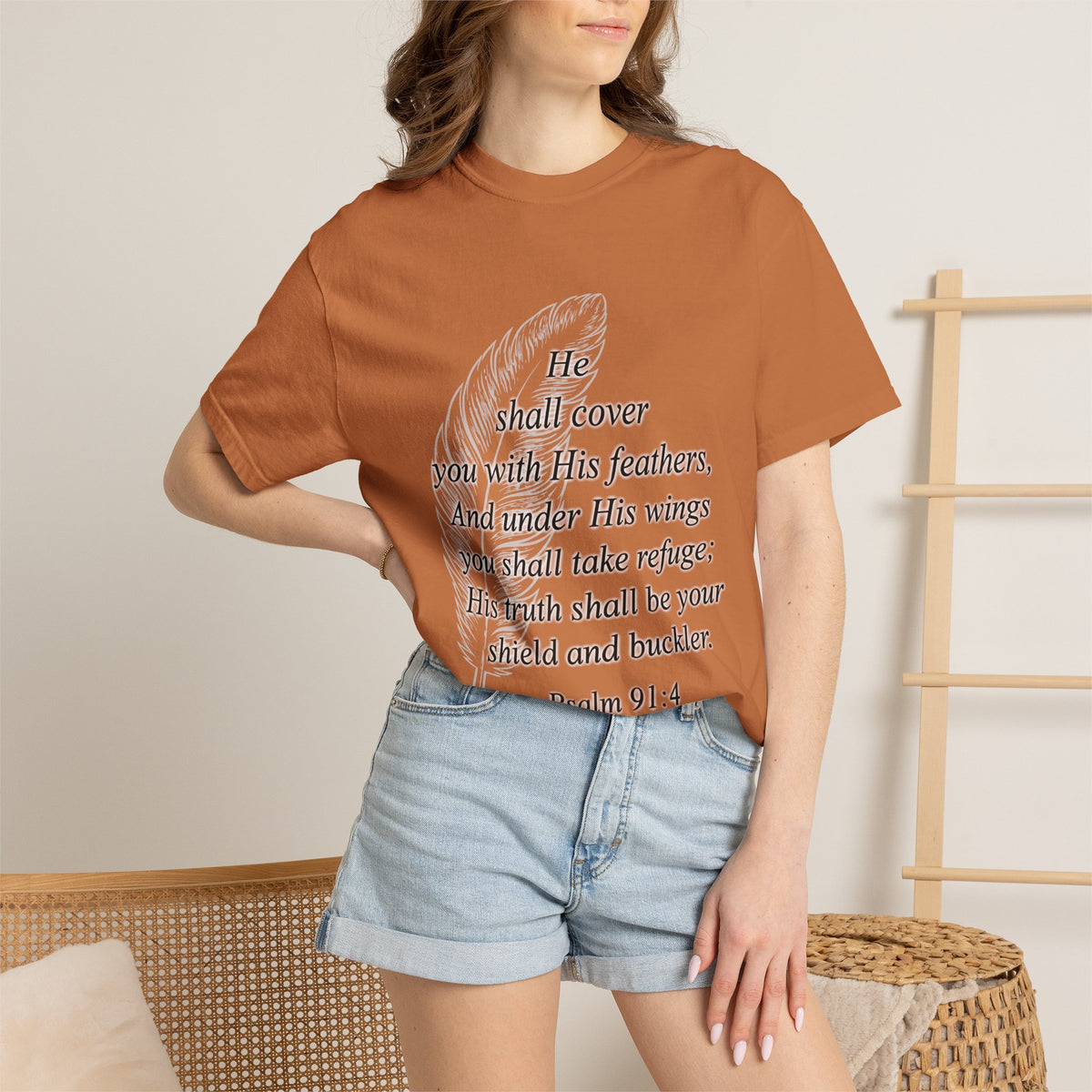 Psalm 91 Feather T-Shirt — 'He Shall Cover You' Christian Faith Tee