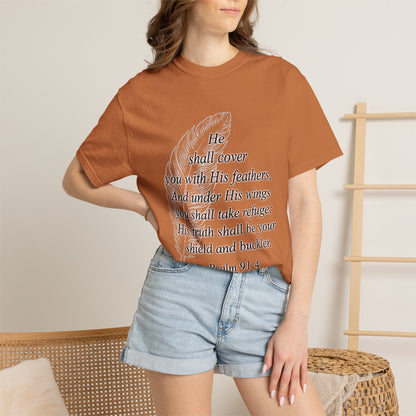 Psalm 91 Feather T-Shirt — 'He Shall Cover You' Christian Faith Tee