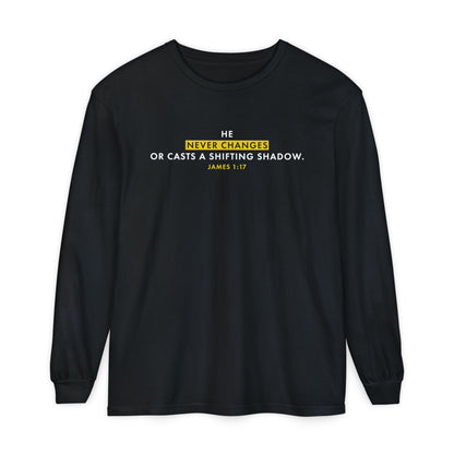 He Never Changes Cotton T-shirt — Faith-Based Christian Long Sleeve Tee