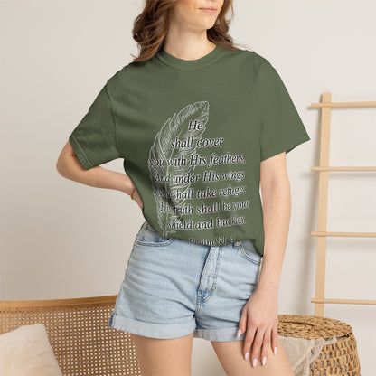 Psalm 91 Feather T-Shirt — 'He Shall Cover You' Christian Faith Tee